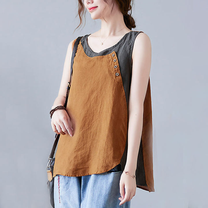 Gilet da donna in lino e cotone con collo rotondo, finto gilet in 2 pezzi, con Buddha Stones, colore estivo abbinato