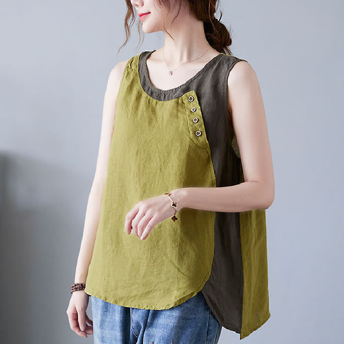 Gilet da donna in lino e cotone con collo rotondo, finto gilet in 2 pezzi, con Buddha Stones, colore estivo abbinato