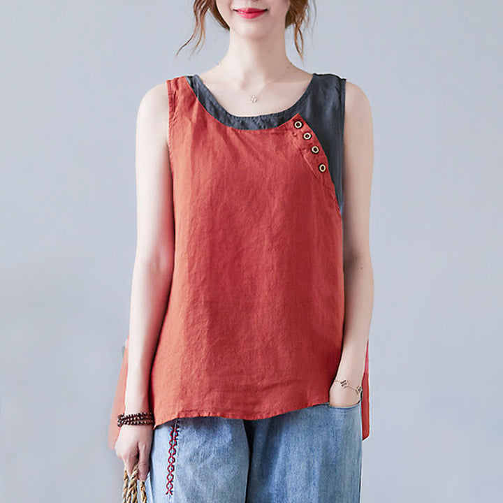 Gilet da donna in lino e cotone con collo rotondo, finto gilet in 2 pezzi, con Buddha Stones, colore estivo abbinato