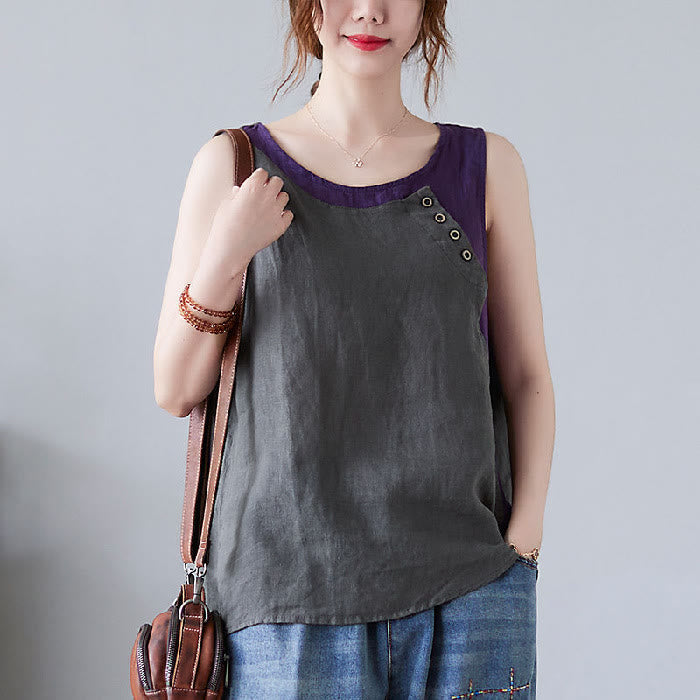 Gilet da donna in lino e cotone con collo rotondo, finto gilet in 2 pezzi, con Buddha Stones, colore estivo abbinato