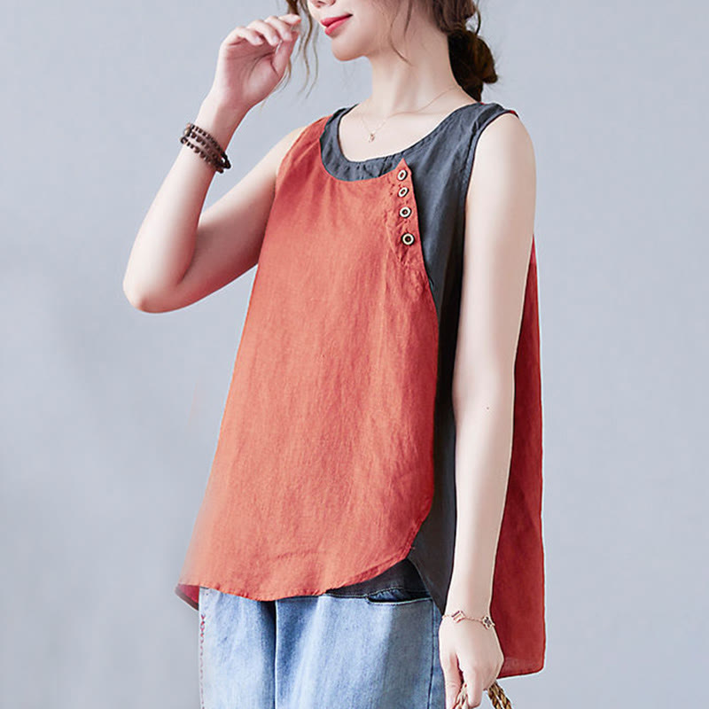 Gilet da donna in lino e cotone con collo rotondo, finto gilet in 2 pezzi, con Buddha Stones, colore estivo abbinato