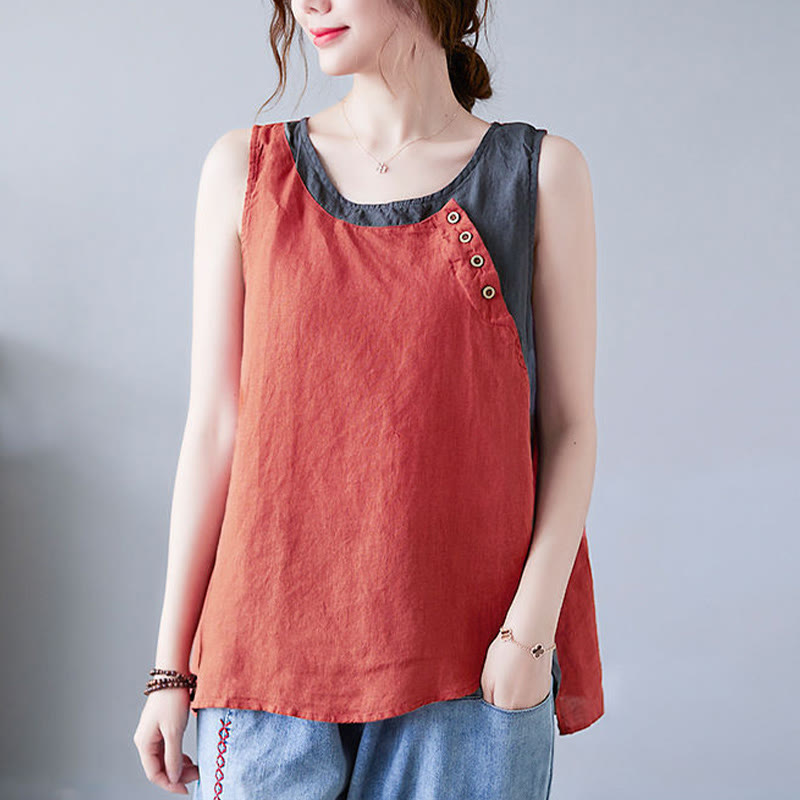 Gilet da donna in lino e cotone con collo rotondo, finto gilet in 2 pezzi, con Buddha Stones, colore estivo abbinato