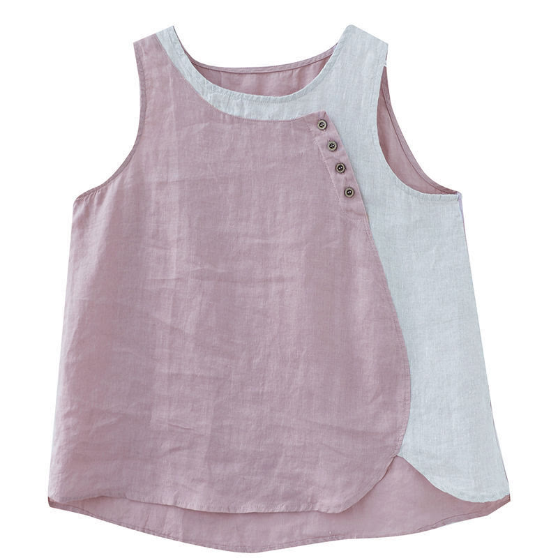 Gilet da donna in lino e cotone con collo rotondo, finto gilet in 2 pezzi, con Buddha Stones, colore estivo abbinato