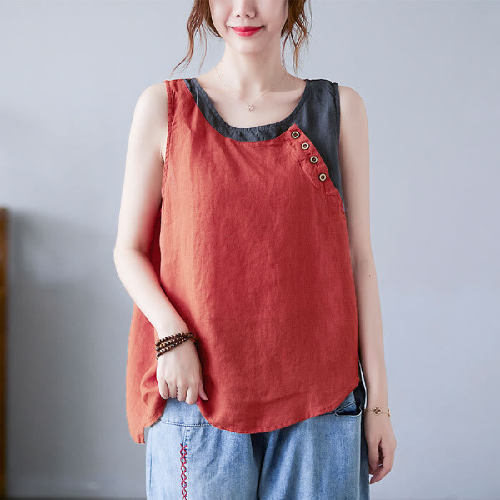 Gilet da donna in lino e cotone con collo rotondo, finto gilet in 2 pezzi, con Buddha Stones, colore estivo abbinato