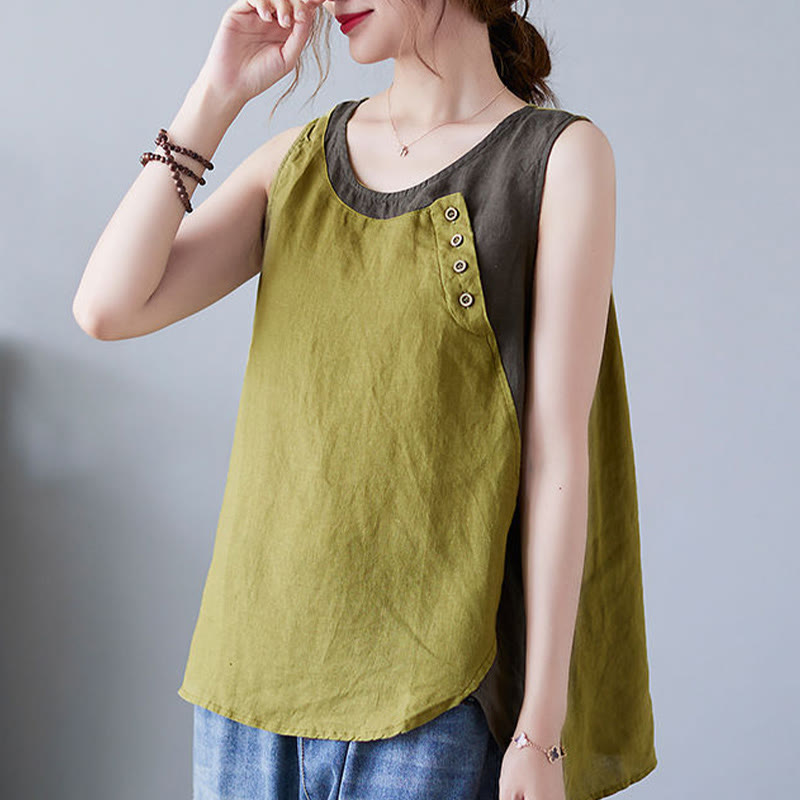 Gilet da donna in lino e cotone con collo rotondo, finto gilet in 2 pezzi, con Buddha Stones, colore estivo abbinato