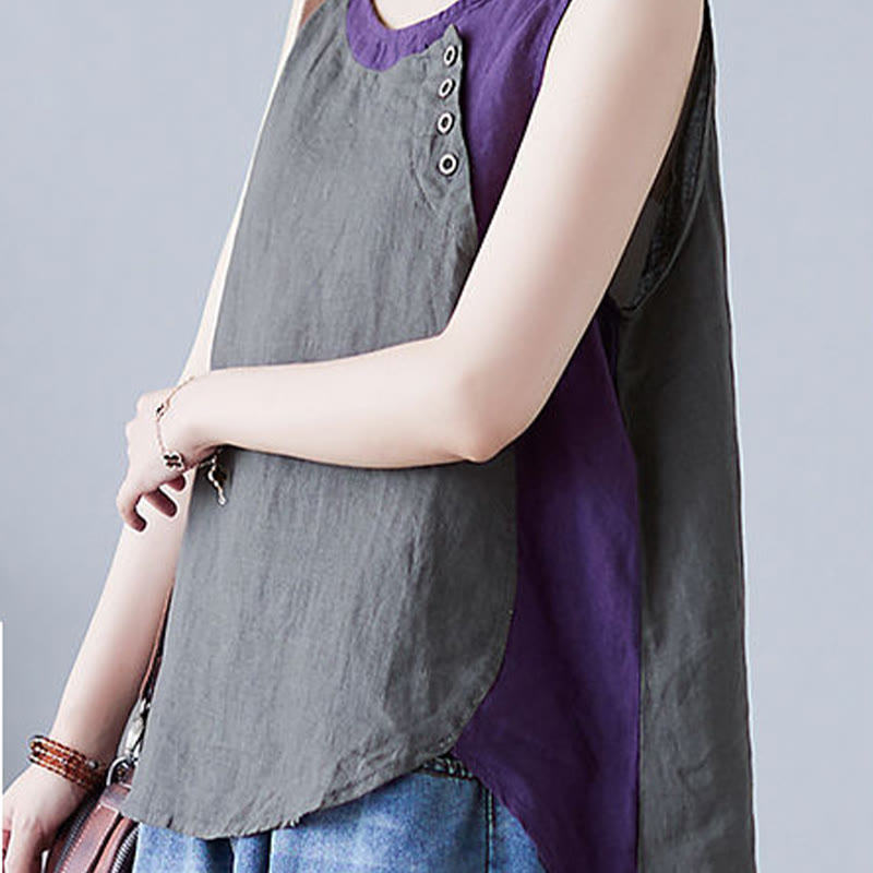 Gilet da donna in lino e cotone con collo rotondo, finto gilet in 2 pezzi, con Buddha Stones, colore estivo abbinato
