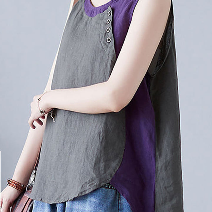 Gilet da donna in lino e cotone con collo rotondo, finto gilet in 2 pezzi, con Buddha Stones, colore estivo abbinato