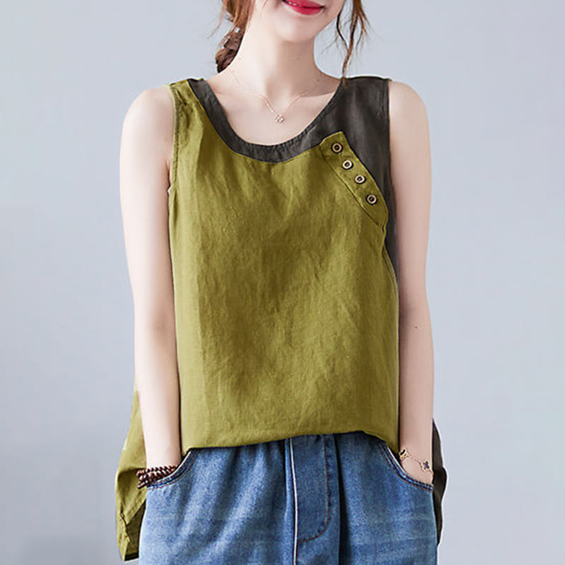 Gilet da donna in lino e cotone con collo rotondo, finto gilet in 2 pezzi, con Buddha Stones, colore estivo abbinato