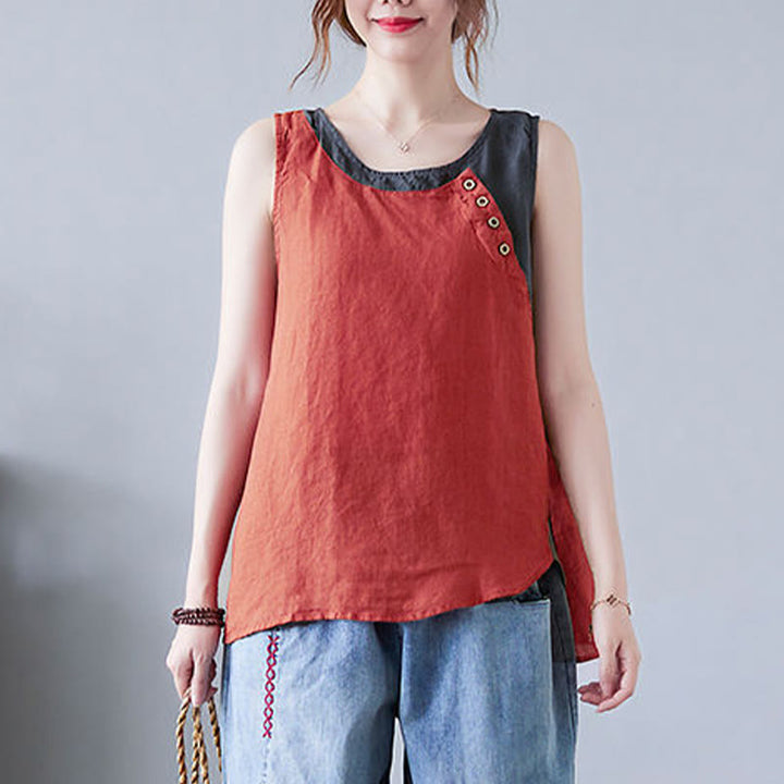 Gilet da donna in lino e cotone con collo rotondo, finto gilet in 2 pezzi, con Buddha Stones, colore estivo abbinato