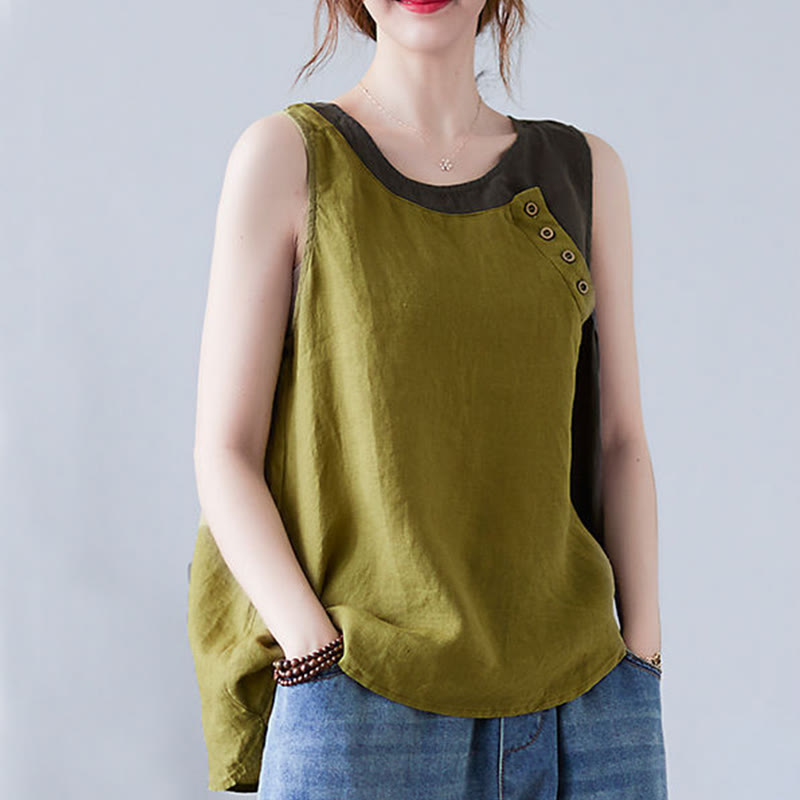 Gilet da donna in lino e cotone con collo rotondo, finto gilet in 2 pezzi, con Buddha Stones, colore estivo abbinato