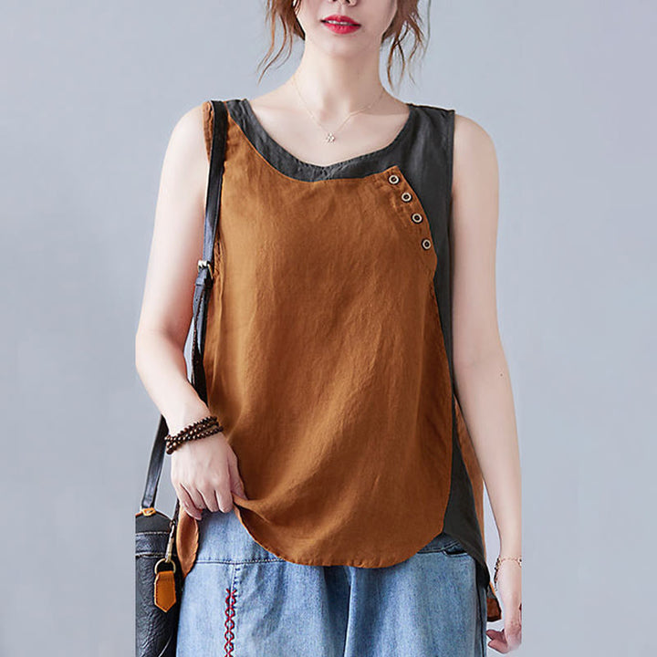 Gilet da donna in lino e cotone con collo rotondo, finto gilet in 2 pezzi, con Buddha Stones, colore estivo abbinato