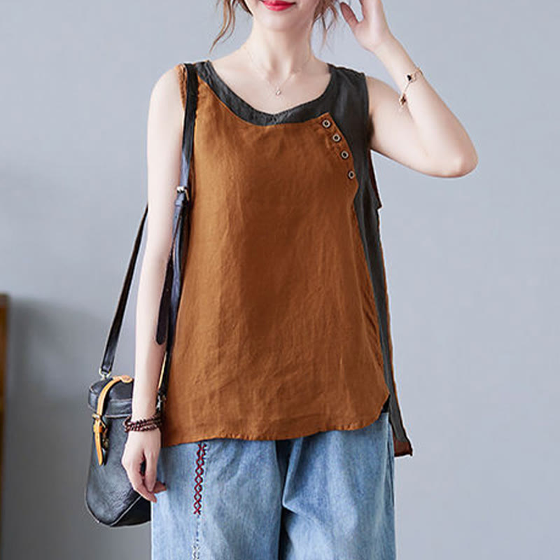 Gilet da donna in lino e cotone con collo rotondo, finto gilet in 2 pezzi, con Buddha Stones, colore estivo abbinato