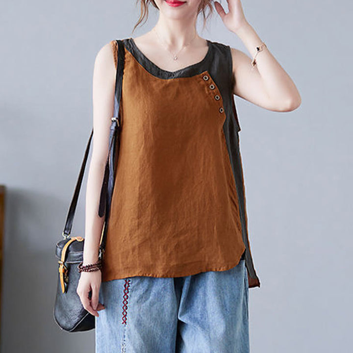 Gilet da donna in lino e cotone con collo rotondo, finto gilet in 2 pezzi, con Buddha Stones, colore estivo abbinato