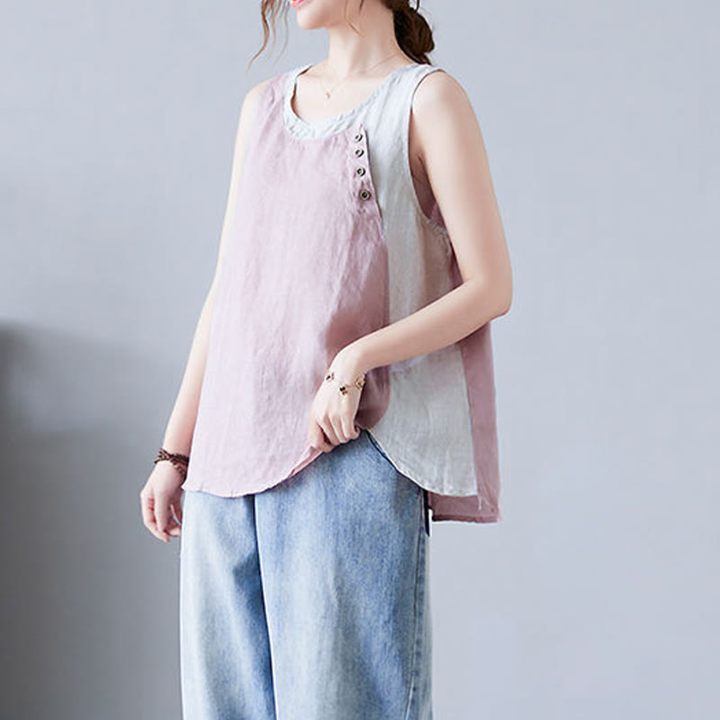 Gilet da donna in lino e cotone con collo rotondo, finto gilet in 2 pezzi, con Buddha Stones, colore estivo abbinato