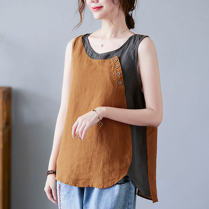 Gilet da donna in lino e cotone con collo rotondo, finto gilet in 2 pezzi, con Buddha Stones, colore estivo abbinato