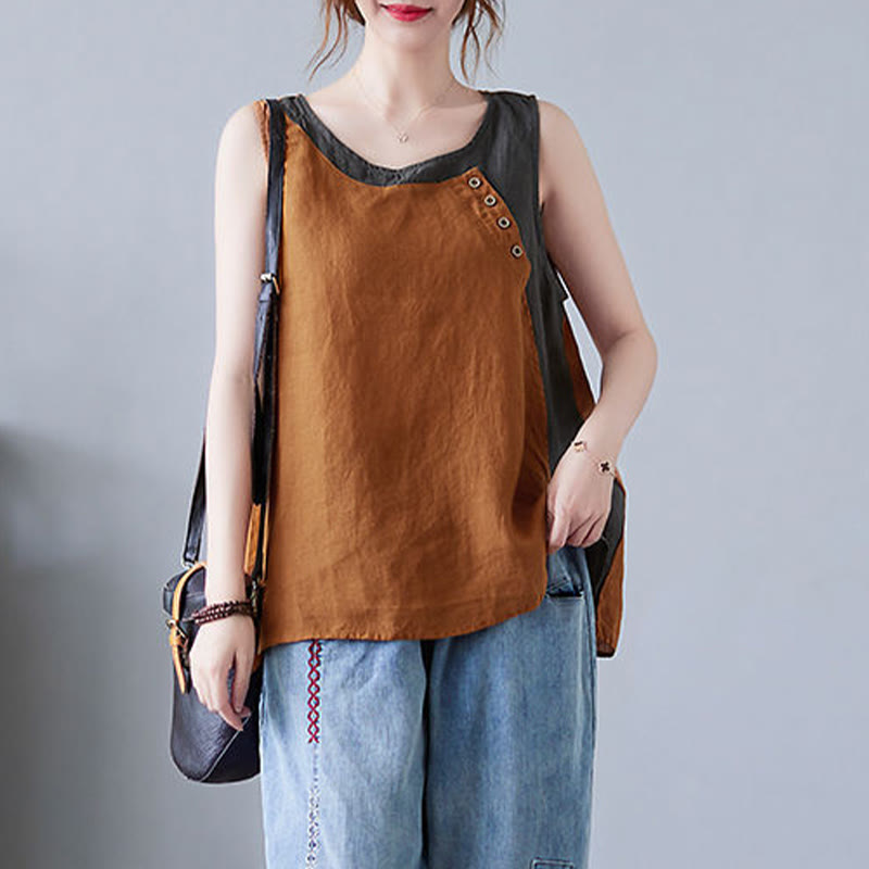Gilet da donna in lino e cotone con collo rotondo, finto gilet in 2 pezzi, con Buddha Stones, colore estivo abbinato