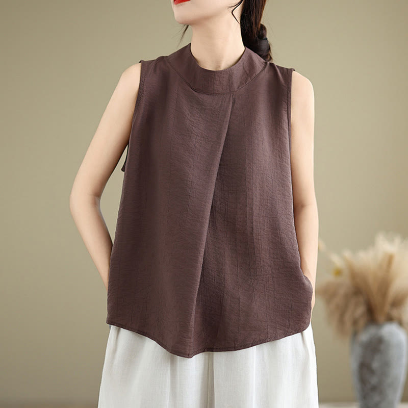 Gilet senza maniche da donna in cotone e lino con colletto alto, casual, con bottoni sul retro, motivo Buddha Stones - image 5