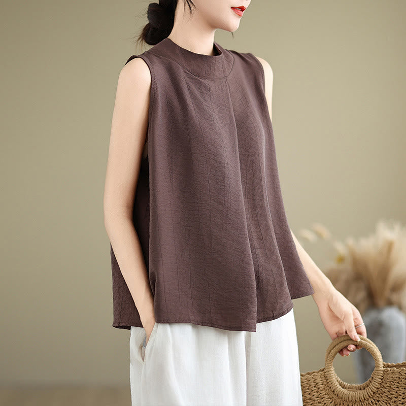 Gilet senza maniche da donna in cotone e lino con colletto alto, casual, con bottoni sul retro, motivo Buddha Stones - image 3