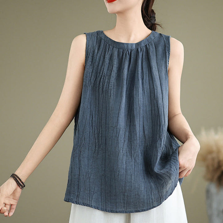 Gilet senza maniche da donna in cotone e lino con scollo rotondo, design semplice, effetto rughe estive, motivo Buddha Stones - image 17
