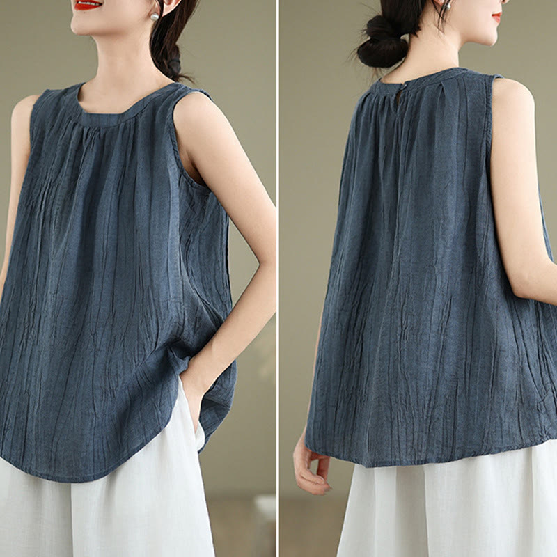 Gilet senza maniche da donna in cotone e lino con scollo rotondo, design semplice, effetto rughe estive, motivo Buddha Stones - image 19