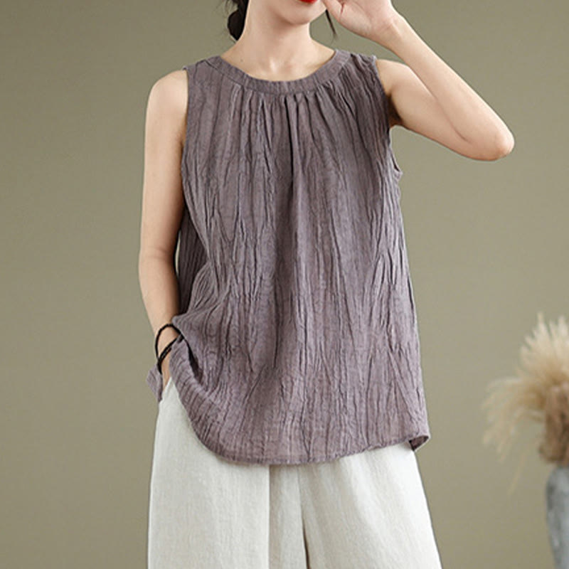 Gilet senza maniche da donna in cotone e lino con scollo rotondo, design semplice, effetto rughe estive, motivo Buddha Stones - image 24