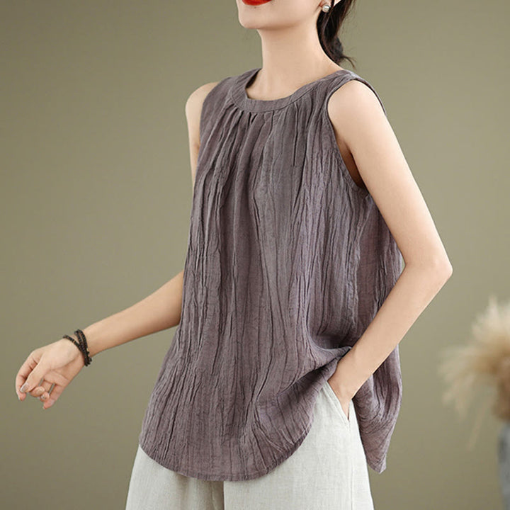 Gilet senza maniche da donna in cotone e lino con scollo rotondo, design semplice, effetto rughe estive, motivo Buddha Stones - image 21