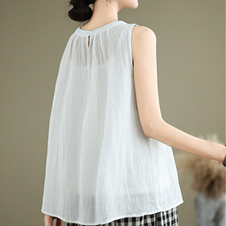 Gilet senza maniche da donna in cotone e lino con scollo rotondo, design semplice, effetto rughe estive, motivo Buddha Stones - image 14