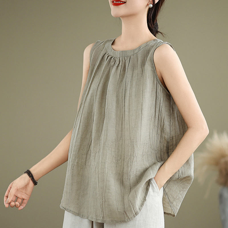 Gilet senza maniche da donna in cotone e lino con scollo rotondo, design semplice, effetto rughe estive, motivo Buddha Stones - image 3
