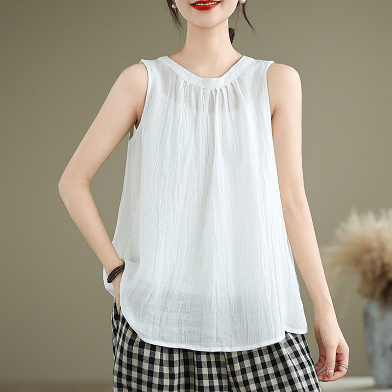 Gilet senza maniche da donna in cotone e lino con scollo rotondo, design semplice, effetto rughe estive, motivo Buddha Stones - image 11