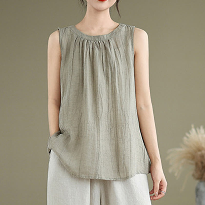 Gilet senza maniche da donna in cotone e lino con scollo rotondo, design semplice, effetto rughe estive, motivo Buddha Stones - image 1