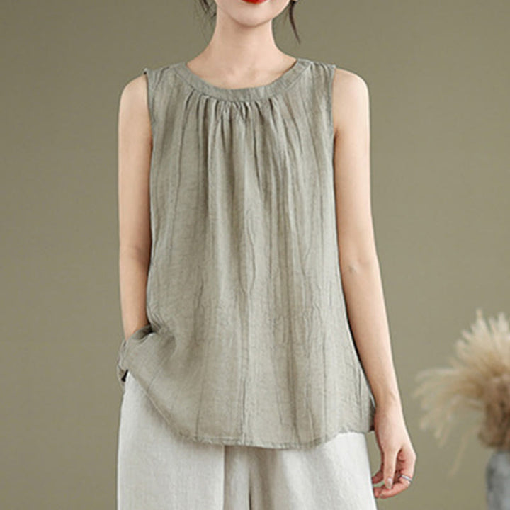 Gilet senza maniche da donna in cotone e lino con scollo rotondo, design semplice, effetto rughe estive, motivo Buddha Stones - image 1