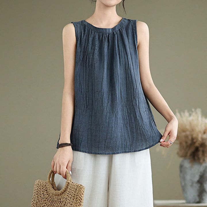 Gilet senza maniche da donna in cotone e lino con scollo rotondo, design semplice, effetto rughe estive, motivo Buddha Stones - image 16