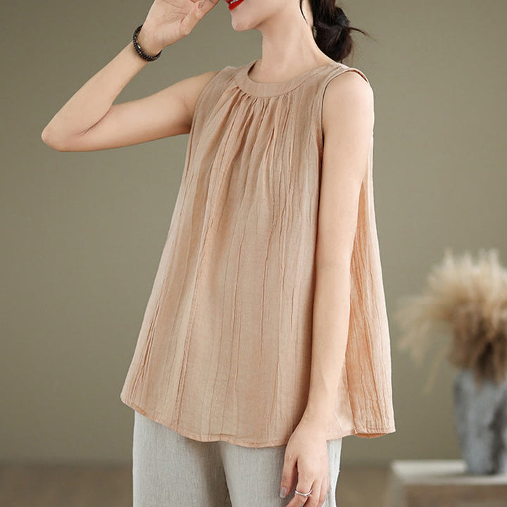 Gilet senza maniche da donna in cotone e lino con scollo rotondo, design semplice, effetto rughe estive, motivo Buddha Stones - image 30