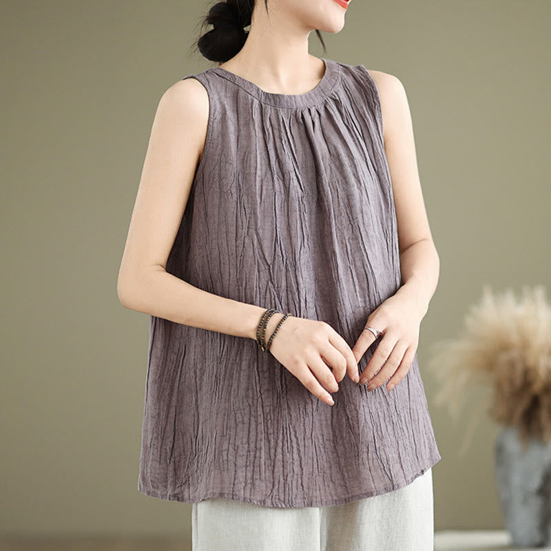 Gilet senza maniche da donna in cotone e lino con scollo rotondo, design semplice, effetto rughe estive, motivo Buddha Stones - image 25