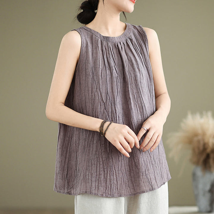 Gilet senza maniche da donna in cotone e lino con scollo rotondo, design semplice, effetto rughe estive, motivo Buddha Stones - image 25