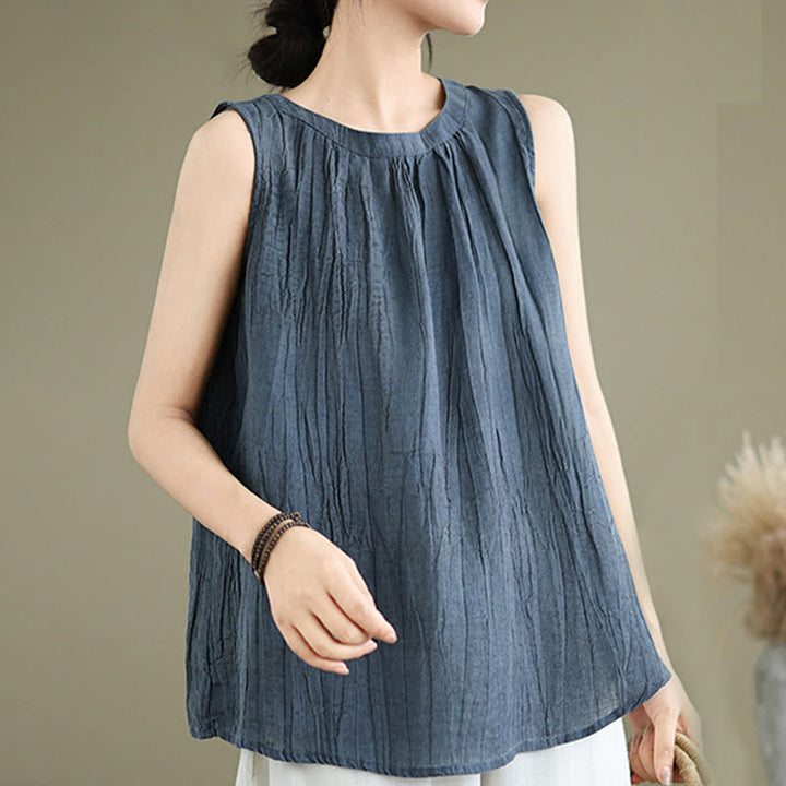 Gilet senza maniche da donna in cotone e lino con scollo rotondo, design semplice, effetto rughe estive, motivo Buddha Stones - image 18