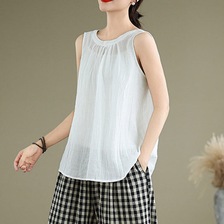 Gilet senza maniche da donna in cotone e lino con scollo rotondo, design semplice, effetto rughe estive, motivo Buddha Stones - image 13