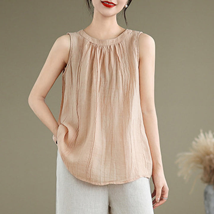 Gilet senza maniche da donna in cotone e lino con scollo rotondo, design semplice, effetto rughe estive, motivo Buddha Stones - image 27