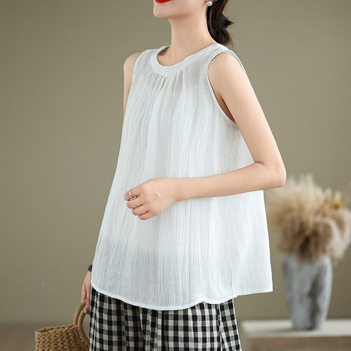 Gilet senza maniche da donna in cotone e lino con scollo rotondo, design semplice, effetto rughe estive, motivo Buddha Stones - image 12