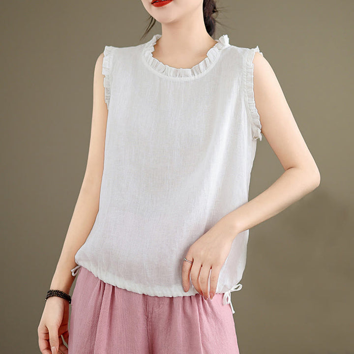 Canotta senza maniche da donna in cotone e lino con scollo rotondo, coulisse e design arricciato estivo Buddha Stones - image 24