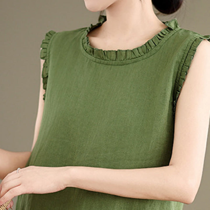 Canotta senza maniche da donna in cotone e lino con scollo rotondo, coulisse e design arricciato estivo Buddha Stones - image 5