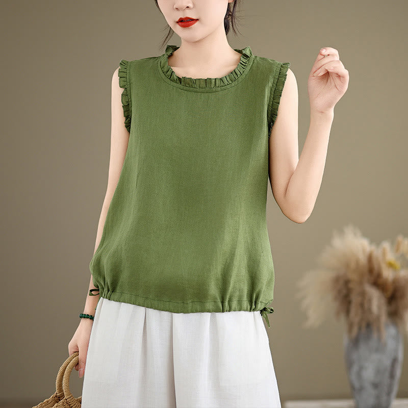 Canotta senza maniche da donna in cotone e lino con scollo rotondo, coulisse e design arricciato estivo Buddha Stones - Verde lime - US8-10, UK/AU12-14, EU40-42 (2XL) - image 0