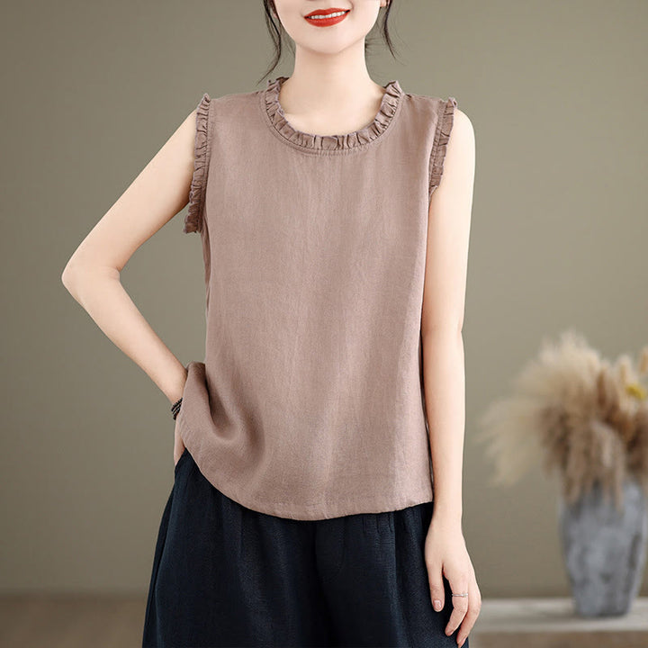 Canotta senza maniche da donna in cotone e lino con scollo rotondo, coulisse e design arricciato estivo Buddha Stones - Cardo - US8-10, UK/AU12-14, EU40-42 (2XL) - image 14