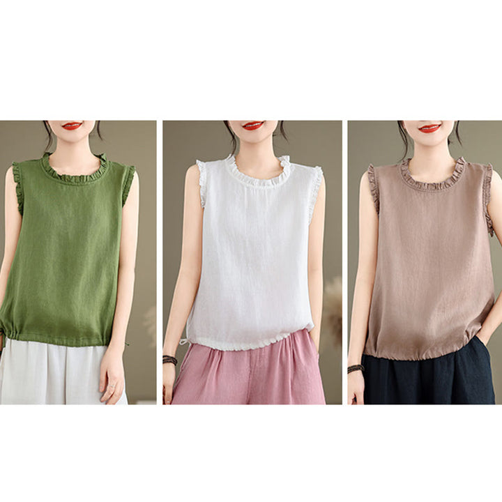 Canotta senza maniche da donna in cotone e lino con scollo rotondo, coulisse e design arricciato estivo Buddha Stones - image 28