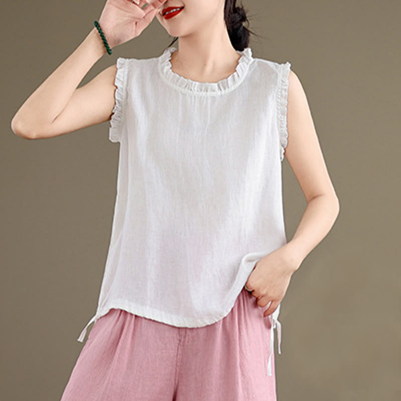 Canotta senza maniche da donna in cotone e lino con scollo rotondo, coulisse e design arricciato estivo Buddha Stones - image 23