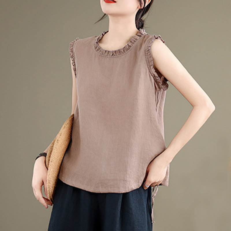 Canotta senza maniche da donna in cotone e lino con scollo rotondo, coulisse e design arricciato estivo Buddha Stones - image 15