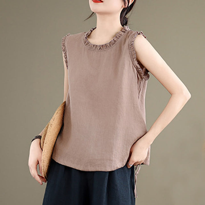 Canotta senza maniche da donna in cotone e lino con scollo rotondo, coulisse e design arricciato estivo Buddha Stones - image 15