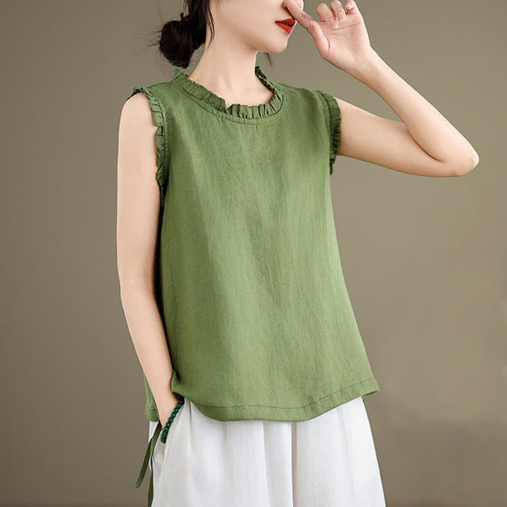 Canotta senza maniche da donna in cotone e lino con scollo rotondo, coulisse e design arricciato estivo Buddha Stones - image 4