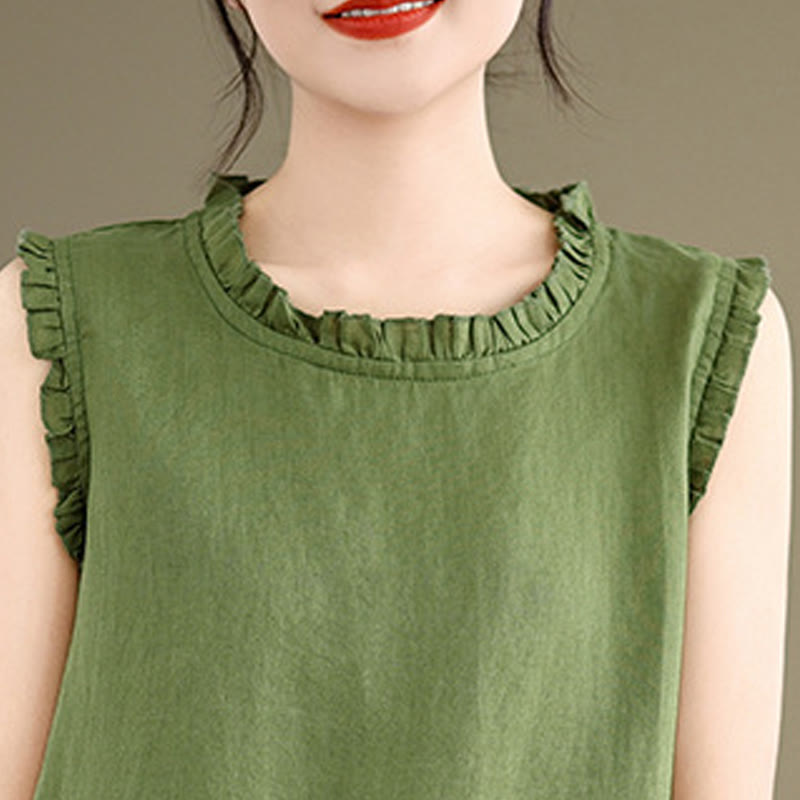 Canotta senza maniche da donna in cotone e lino con scollo rotondo, coulisse e design arricciato estivo Buddha Stones - image 6