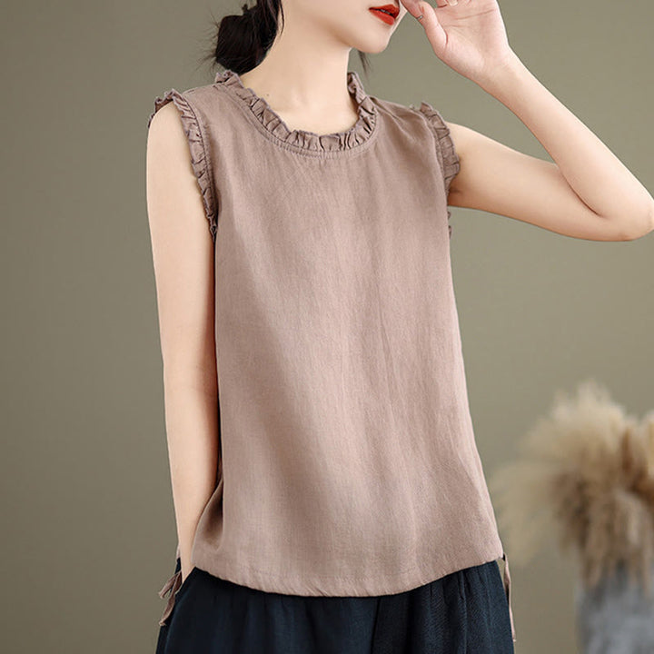 Canotta senza maniche da donna in cotone e lino con scollo rotondo, coulisse e design arricciato estivo Buddha Stones - image 17